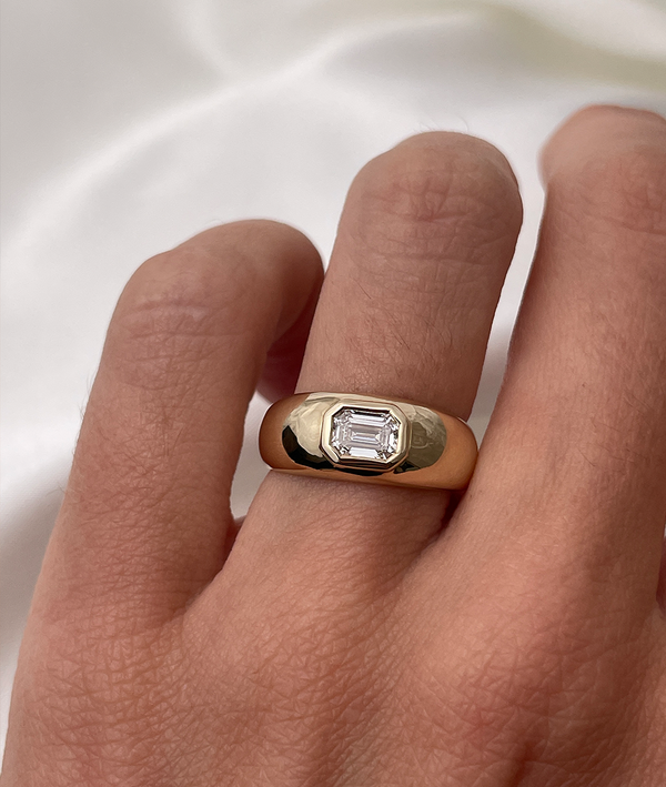 Chunky organic shaped gold ring with emerald cut diamond bezel set in centre.Handmade gold rings, engagement ring and wedding bands by RUUSK jewellery. Customise your ring online, made to order in solid Gold in Sydney.