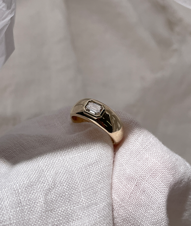 Chunky organic shaped gold ring with emerald cut diamond bezel set in centre. Handmade gold rings, engagement ring and wedding bands by RUUSK jewellery. Customise your ring online, made to order in solid Gold in Sydney.