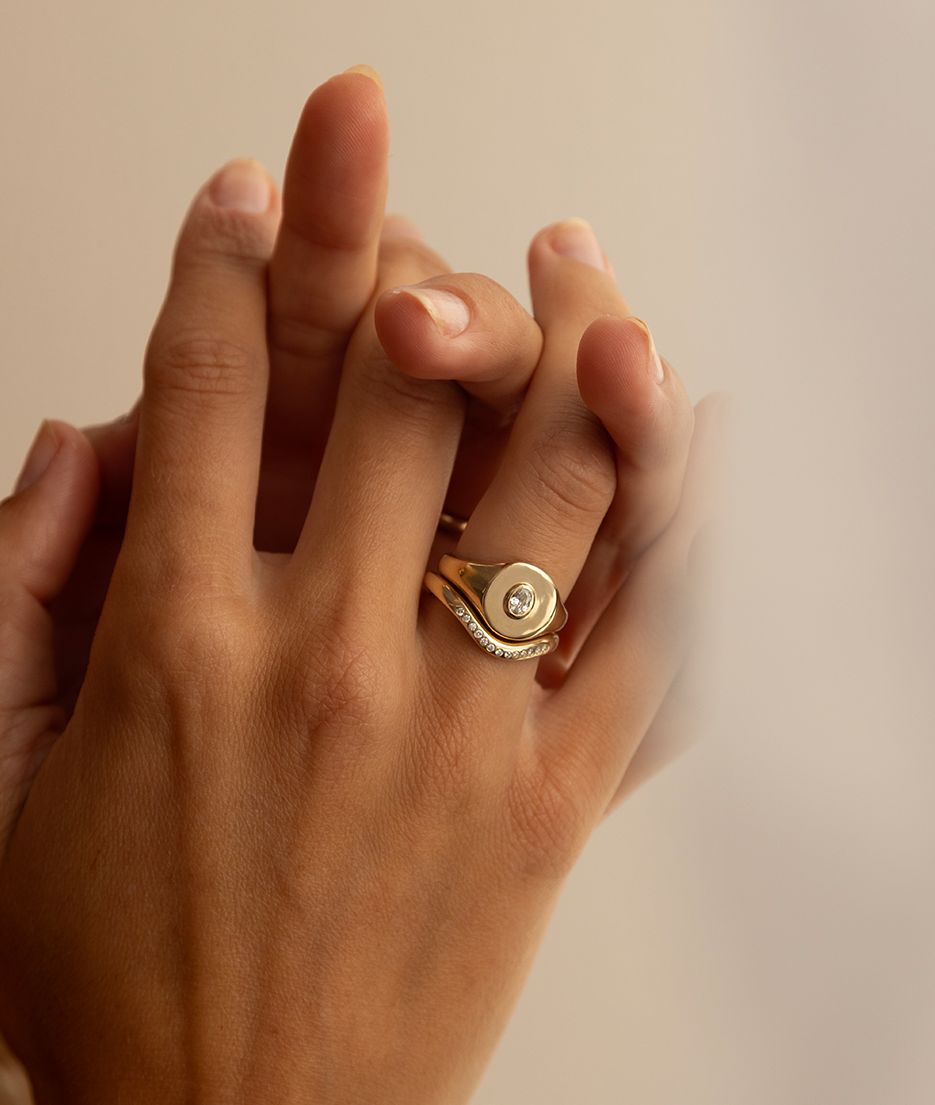 Organic shaped Embrace ring with a soft curve and tiny clear Diamonds. Designed to stack with our Small and Classic Signet rings. Handmade to order in solid Gold. RUUSK Australian Jewellery.