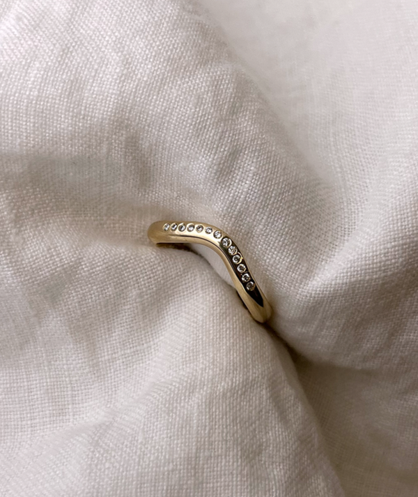 Organic shaped Embrace ring with a soft curve and tiny clear Diamonds. Designed to stack with our Small and Classic Signet rings. Handmade to order in solid Gold. RUUSK Australian Jewellery.