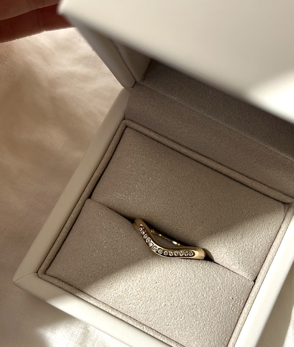 Organic shaped Embrace ring with a soft curve and tiny clear Diamonds. Designed to stack with our Small and Classic Signet rings. Handmade to order in solid Gold. RUUSK Australian Jewellery.