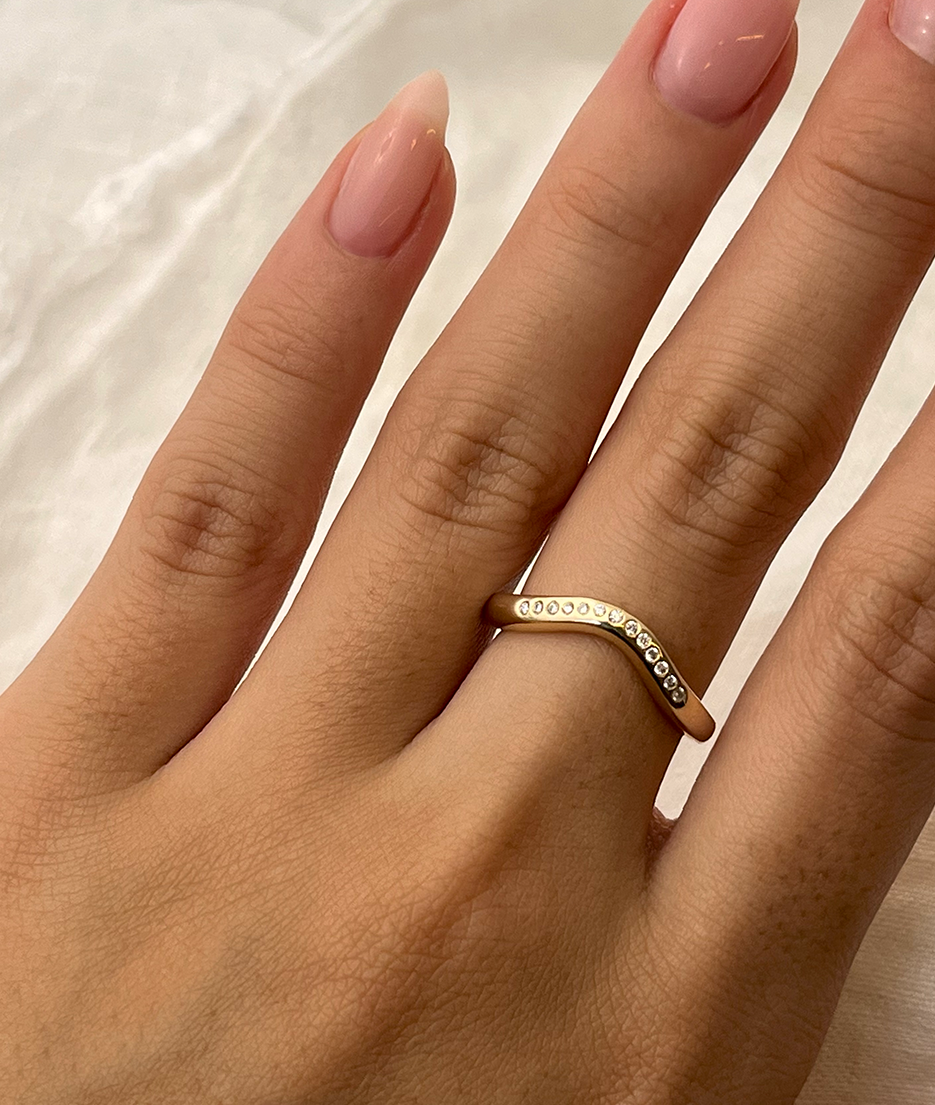 Organic shaped Embrace ring with a soft curve and tiny clear Diamonds. Designed to stack with our Small and Classic Signet rings. Handmade to order in solid Gold. RUUSK Australian Jewellery.