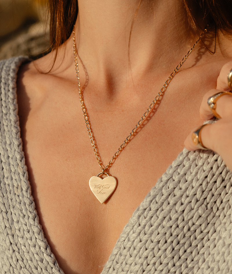 With Great Love Heart Pendant on Solid Gold Figaro Chain Necklace