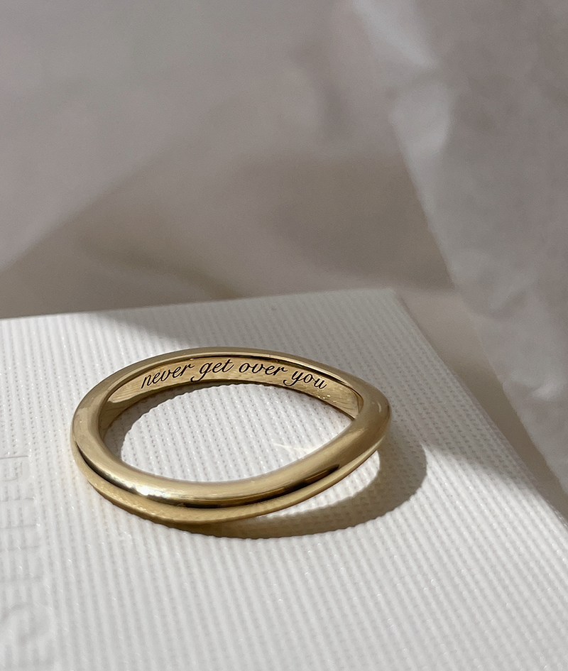Organic shaped Embrace ring with a soft curve and tiny clear Diamonds. Cursive engraving inside ring band. Designed to stack with our Small and Classic Signet rings. Handmade to order in solid Gold. RUUSK Australian Jewellery.
