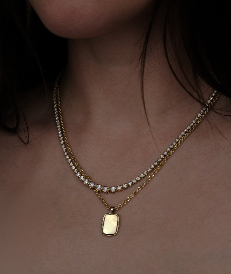 frame plain signet pendant necklace paired with tennis necklace