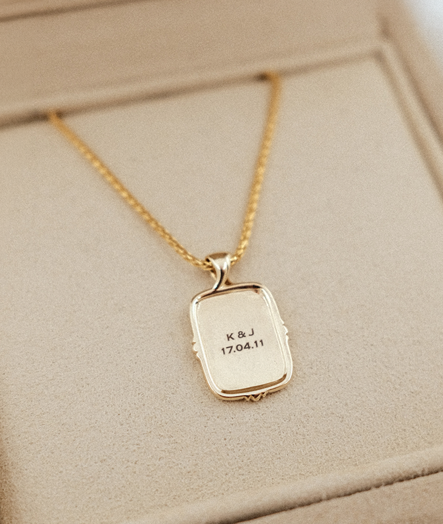 frame plain signet pendant necklace laser engraved with initials and dates