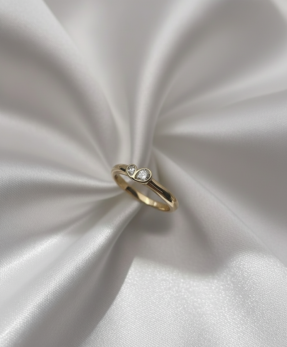 Mini Pear Toi et Moi featuring bezel set pear diamonds, cast in solid Gold. Mindful jewellery, unique engagement rings for the modern woman and bride and friendship rings. Made in Sydney Australia