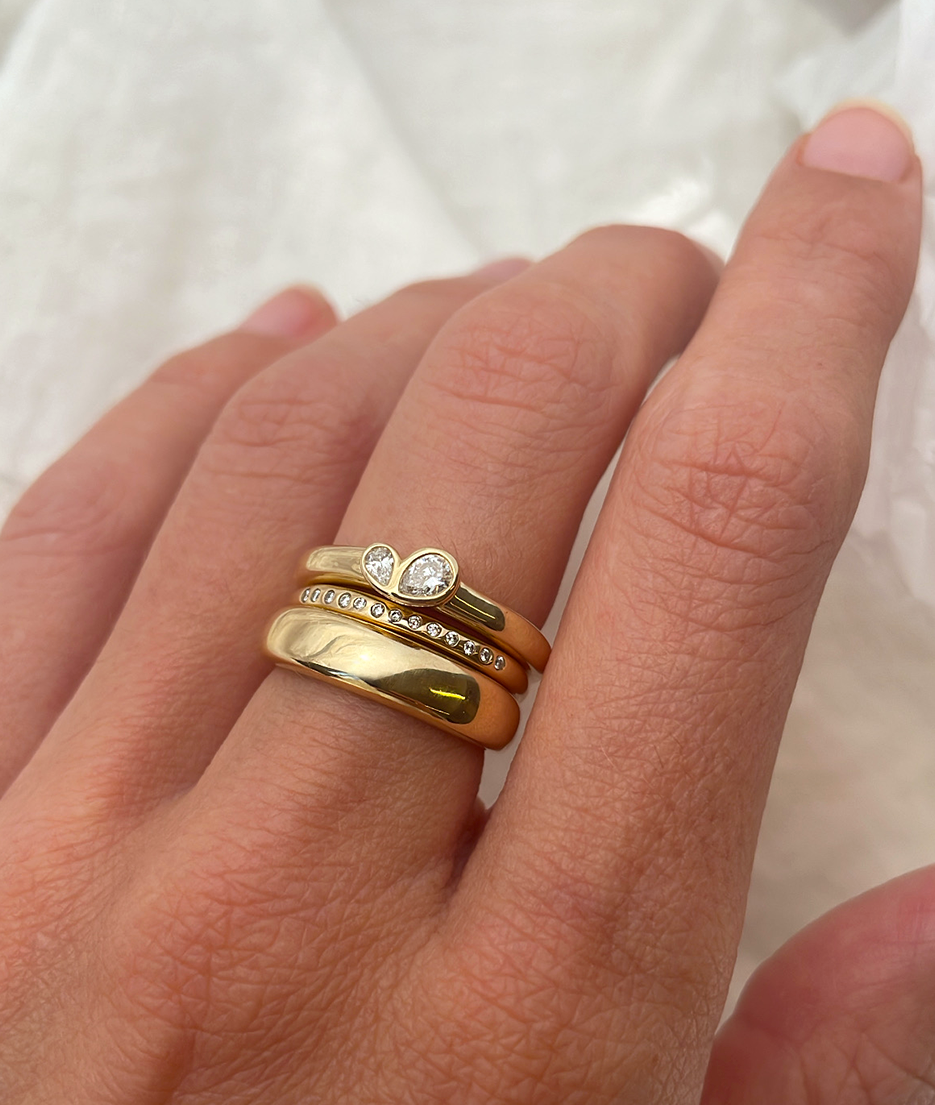 Mini Pear Toi et Moi featuring bezel set pear diamonds, cast in solid Gold. Mindful jewellery, unique engagement rings for the modern woman and bride and friendship rings. Made in Sydney Australia
