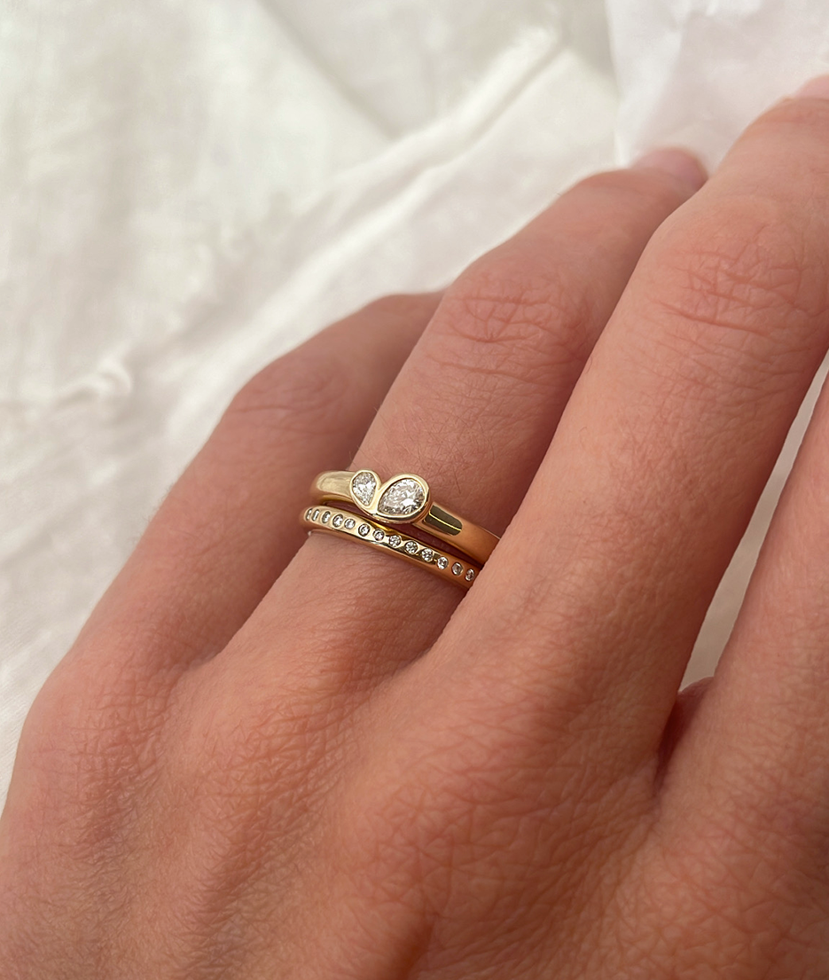 Mini Pear Toi et Moi featuring bezel set pear diamonds, cast in solid Gold. Mindful jewellery, unique engagement rings for the modern woman and bride and friendship rings. Made in Sydney Australia