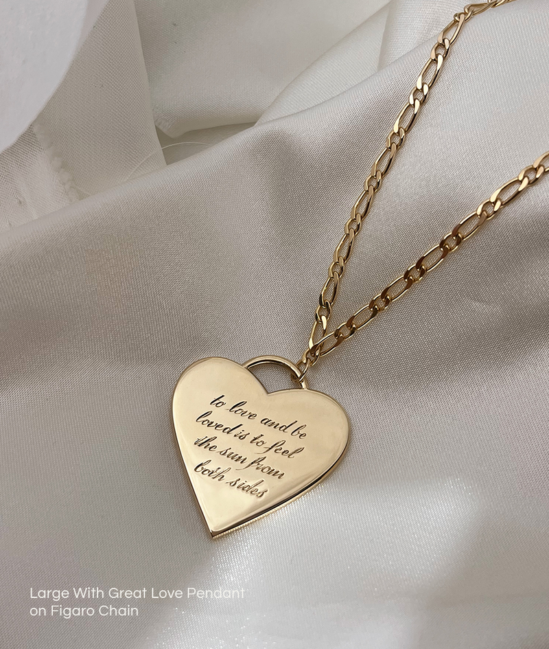 With Great Love Solid Gold Large Heart Pendant Necklace with hand engraving script on figaro chain