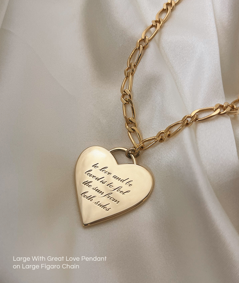 With Great Love Solid Gold Large Heart Pendant Necklace with hand engraving script on large figaro chain