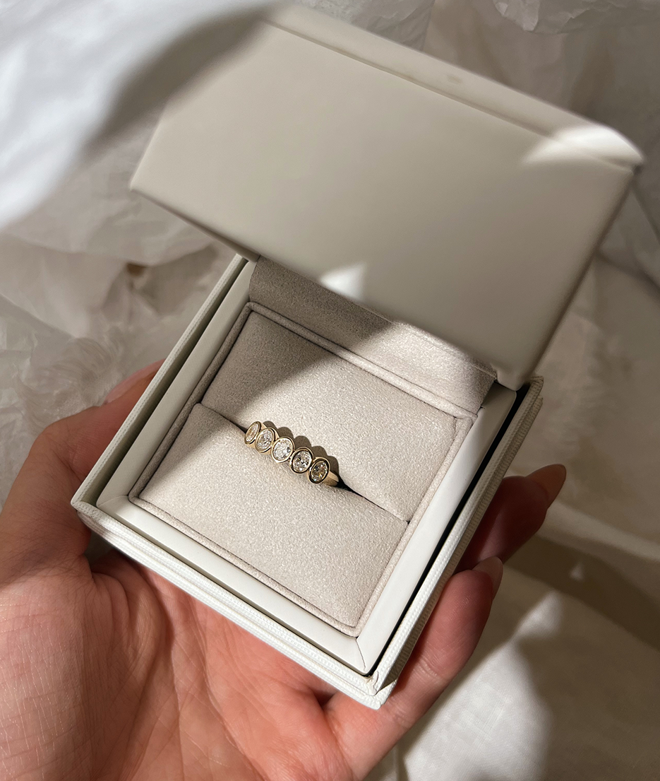 Handmade Oval Medium 5 Suns Ring in solid gold. Hand crafted to order in Sydney. Meaningful heirlooms, engagement rings and wedding bands for the Modern bride. Conscious jewellery.