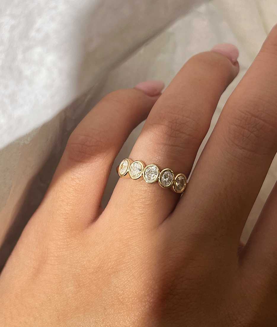 Handmade Oval Medium 5 Suns Ring in solid gold. Hand crafted to order in Sydney. Meaningful heirlooms, engagement rings and wedding bands for the Modern bride. Conscious jewellery.
