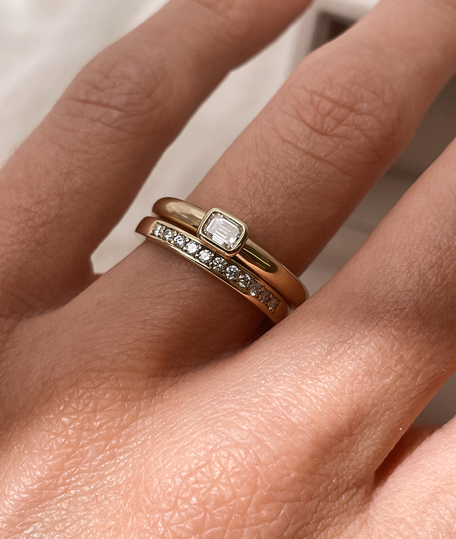 Handmade Mini Solitaire ring by RUUSK jewellery. Emerald Diamond Mini Solitaire, cast in solid Gold. Mindful jewellery and unique engagement rings for the modern woman and bride. Made in Sydney Australia