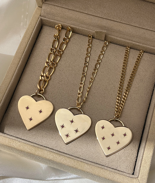 With Great Love Solid Gold Heart Pendant Necklace with Star-set Rubies on Large Figaro, Figaro and Curb Chain