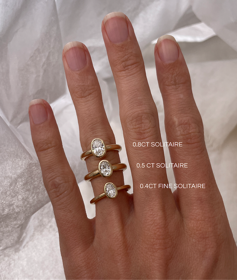 Hand carved oval bezel set Solitaire ring, cast in solid Gold. Handcrafted to order in Sydney Australia. Minimal Diamond Engagement ring ideal for stacking with other bands. Custom engagement and wedding rings.