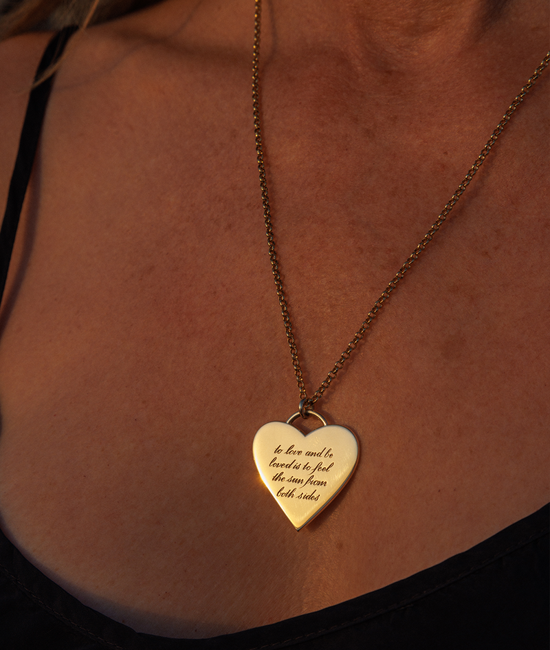 With Great Love Solid Gold Large Heart Pendant Necklace with hand engraving script on body