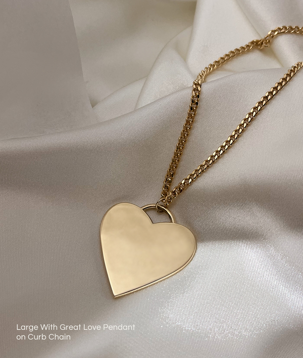 With Great Love Solid Gold Large Heart Pendant Necklace on curb chain