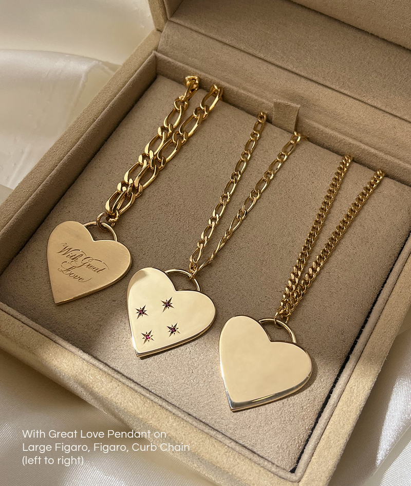 With Great Love Solid Gold Heart Pendant Necklace on different chain options: large figaro, figaro and curb.