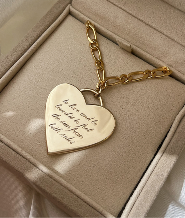 Large With Great Love Solid Gold Heart Pendant on Large Figaro Chain, personalised with script hand engraving