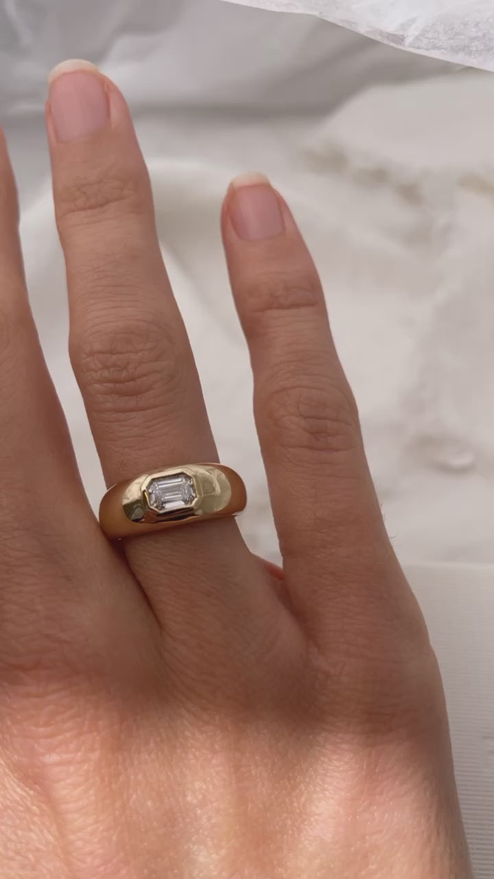 Load video: Chunky organic shaped gold ring with emerald cut diamond bezel set in centre. Handmade gold rings, engagement ring and wedding bands by RUUSK jewellery. Customise your ring online, made to order in solid Gold in Sydney.