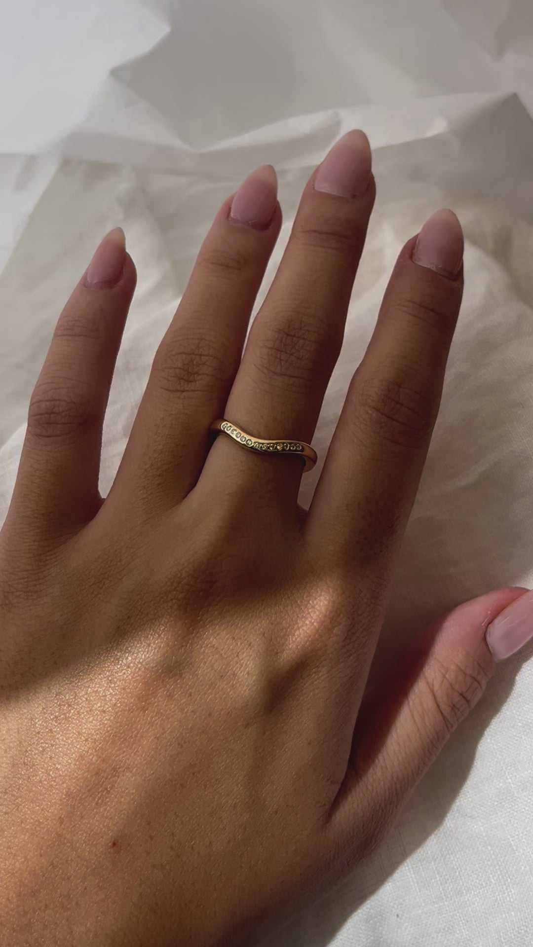 Load video: Organic shaped Embrace ring with a soft curve and tiny clear Diamonds. Designed to stack with our Small and Classic Signet rings. Handmade to order in solid Gold. RUUSK Australian Jewellery.