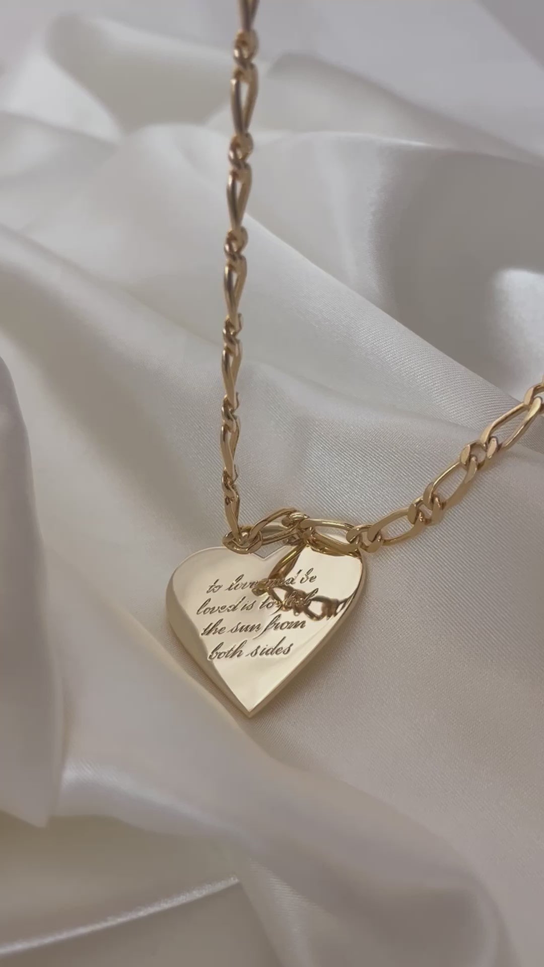 Load video: With Great Love Solid Gold Large Heart Pendant Necklace with hand engraving script