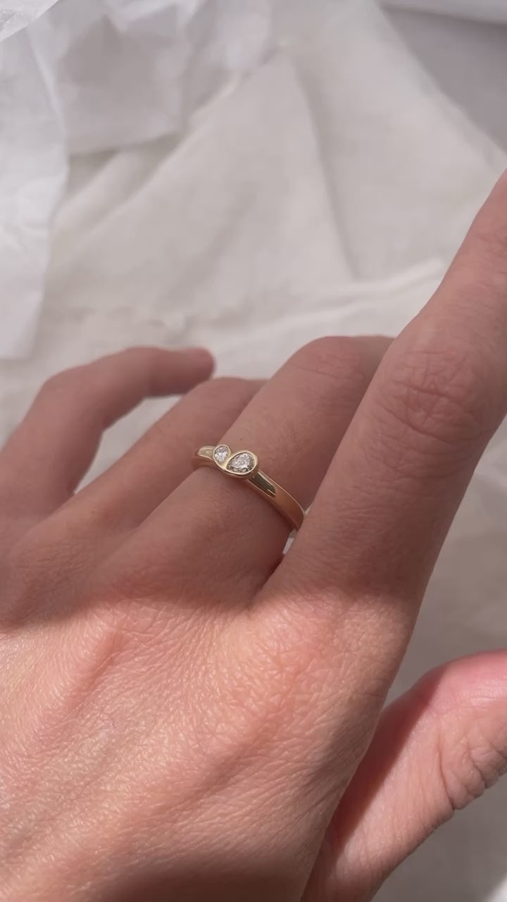 Mini Pear Toi et Moi featuring bezel set pear diamonds, cast in solid Gold. Mindful jewellery, unique engagement rings for the modern woman and bride and friendship rings. Made in Sydney Australia