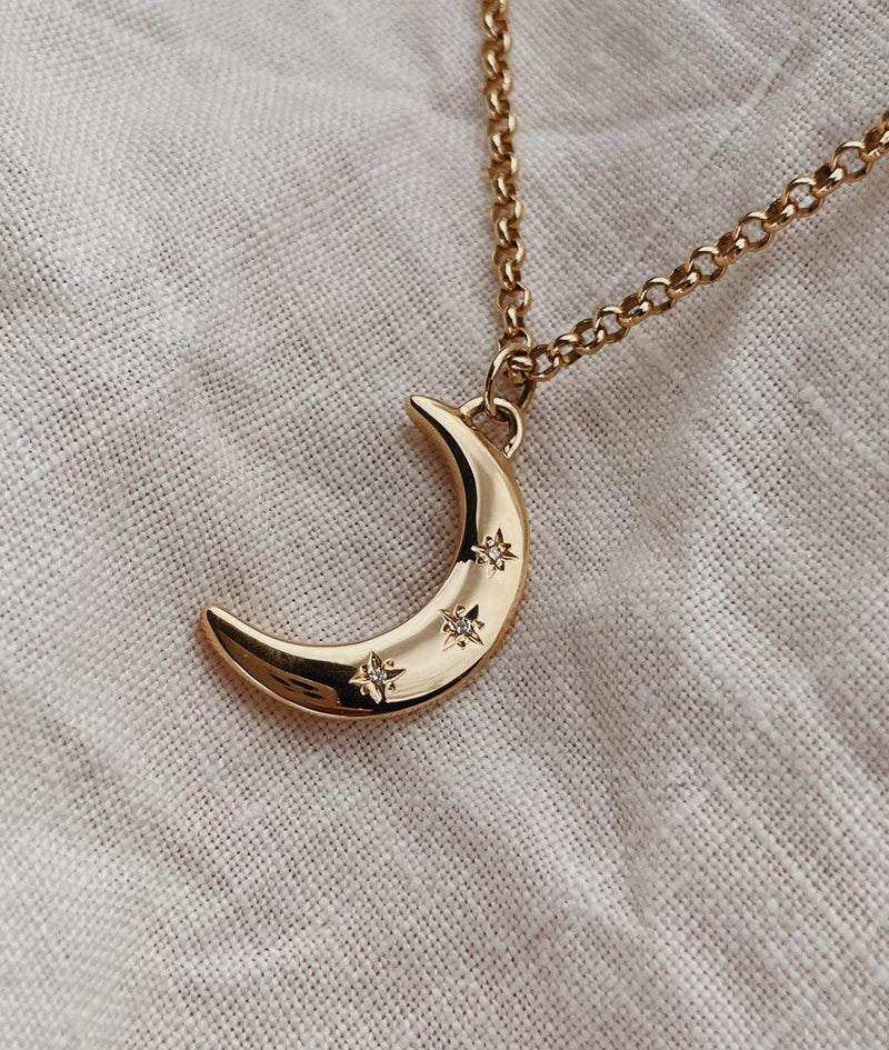 Yellow Gold Crescent Moon & Stars necklace - RUUSK