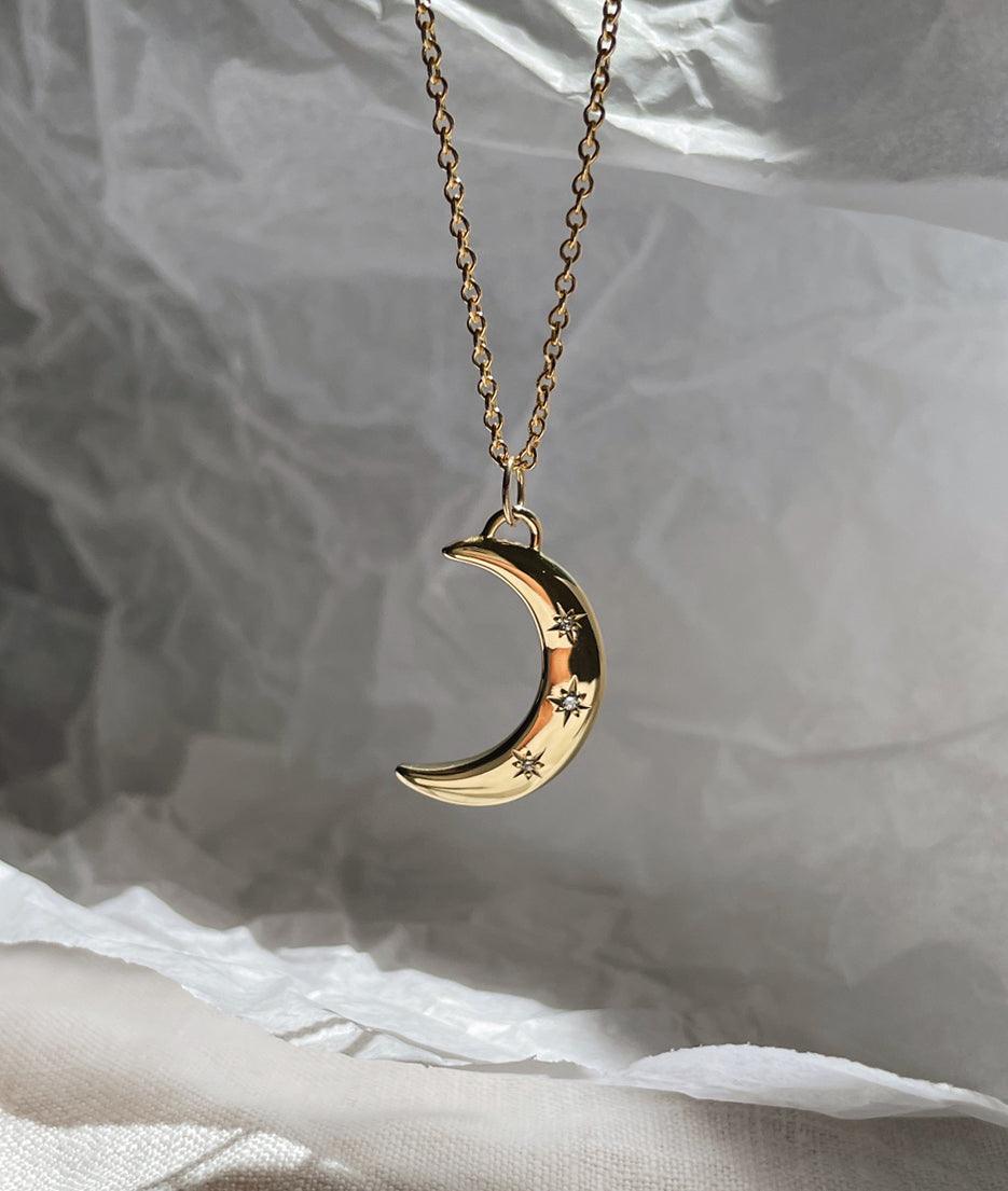 Yellow Gold Crescent Moon & Stars necklace - RUUSK