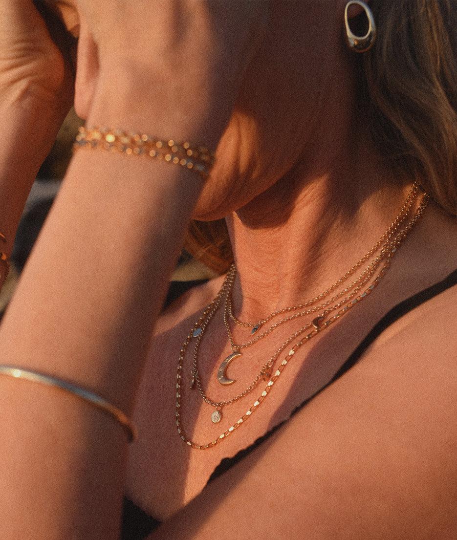 Yellow Gold Crescent Moon & Stars necklace - RUUSK