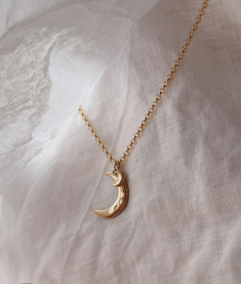 Yellow Gold Crescent Moon & Tiny Moon necklace - RUUSK