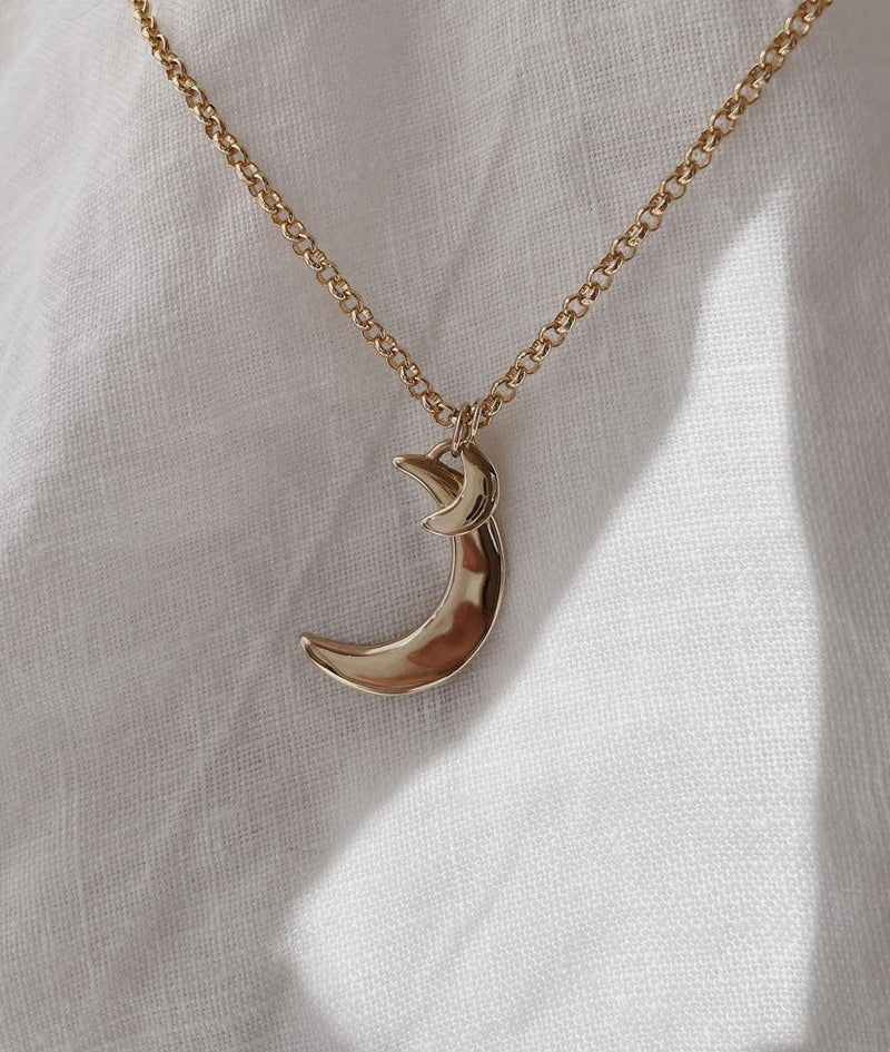 Yellow Gold Crescent Moon & Tiny Moon necklace - RUUSK